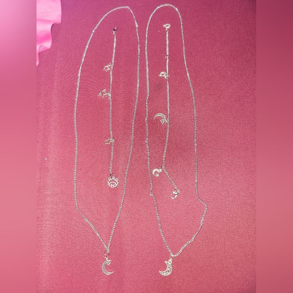 Moon And Star Silver chain Charm Necklace And Bracelet/ankle Bracelet Set